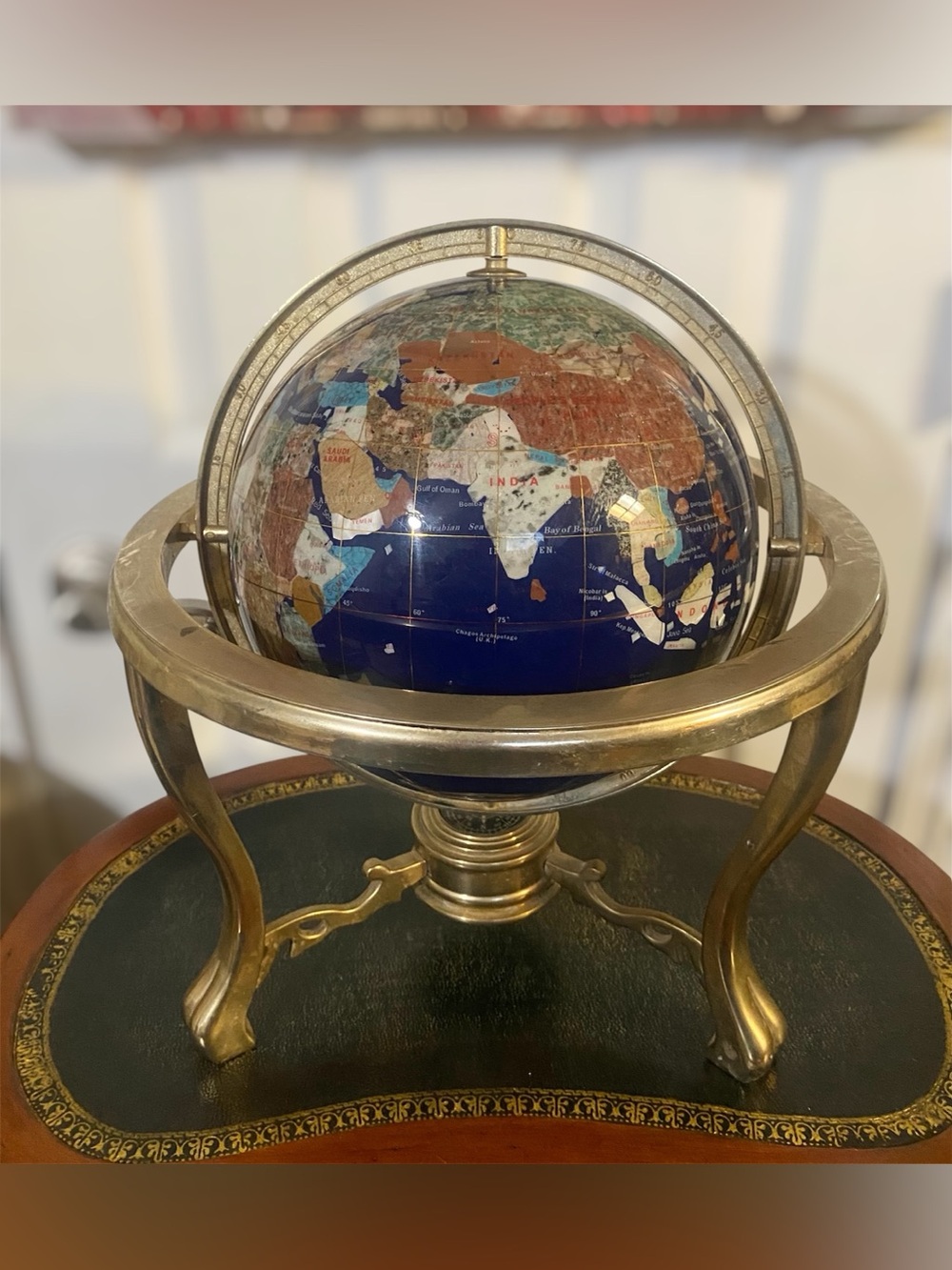 Lapis Gemstone Glob Compassion Decorative Globe W/Brass Tripod Base